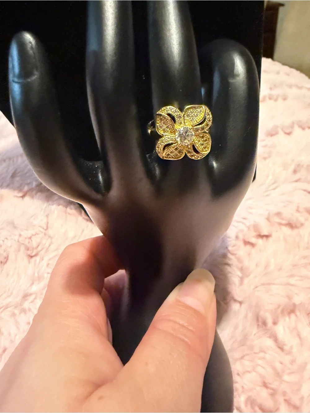 Gold Floral Crystal Accent Ring for Women